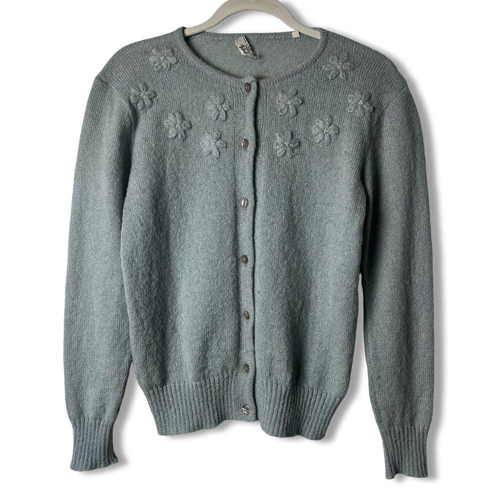 Vintage Bullock’s‎ Italy Mohair Blend Floral Appliqué Pearl Cardigan Sz M